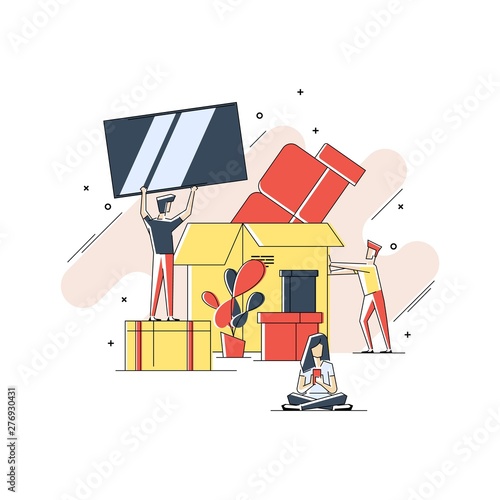 Flat geometric line art illustration of moving and transporting things and objects concept. Transport home objects in a box. Service for moving. Miniature people.