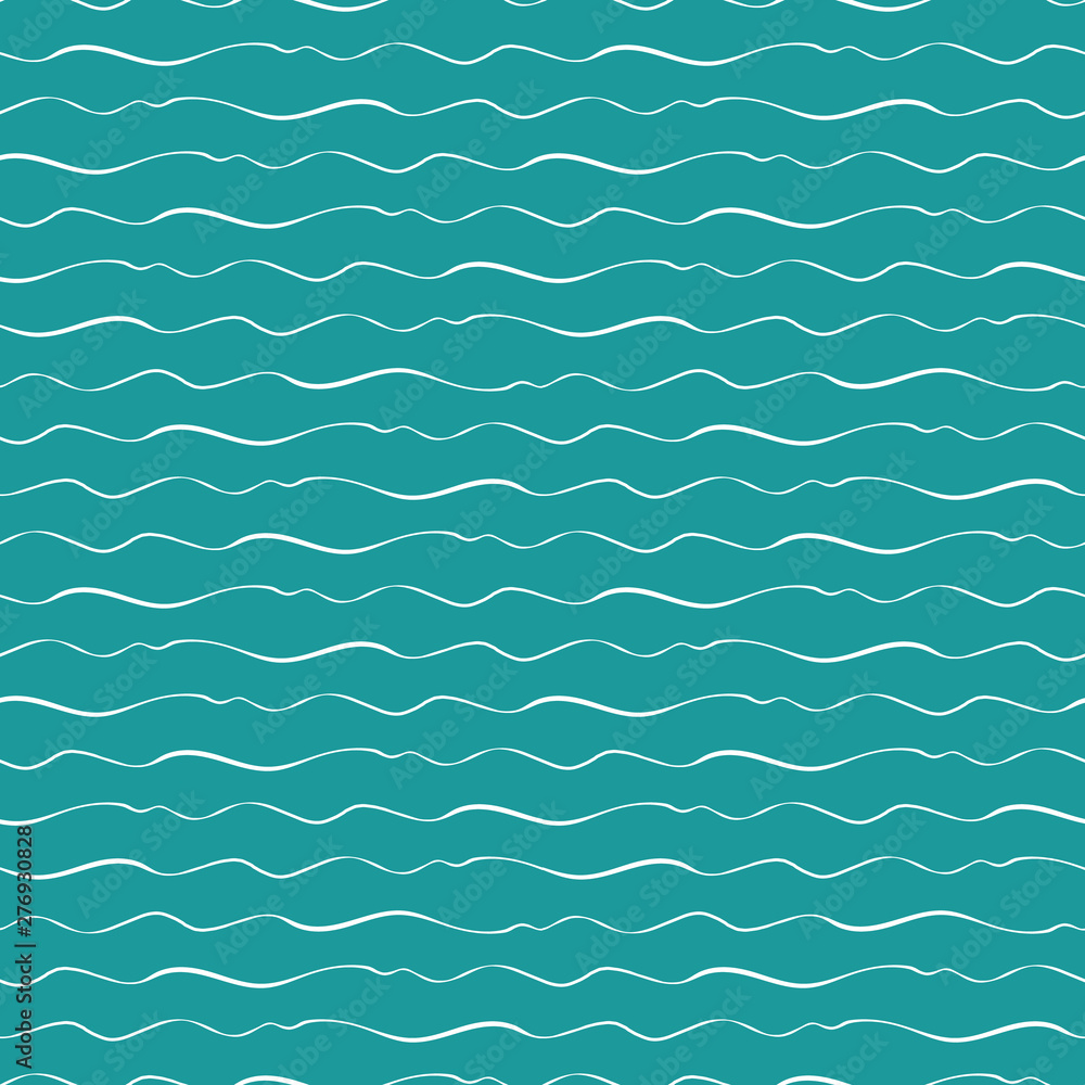 Abstract hand drawn doodle sea waves with varying thickness. Seamless geometric vector pattern on ocean blue background. Great for marine themed products, spa, wellness, beauty, stationery, giftwrap Abstract hand drawn doodle sea waves with varying thickness. Seamless geometric vector pattern on ocean blue background. Great for marine themed products, spa, wellness, beauty, stationery, giftwrap