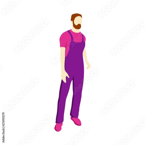 Young man wearing apron. Bearded worker isometric view.