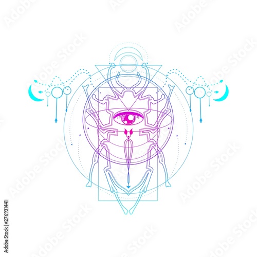 Mystical geometry symbol. Linear alchemy, occult, philosophical sign. Underbreast sacramental tattoo design. Astrology and religion concept. Beetle icon.