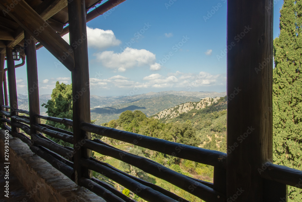 View to the mountains from the wooden terrace