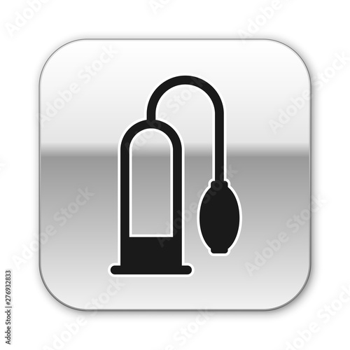Black Penis pump icon isolated on white background. Penis enlarger. Sex toy for men. Vacuum pump with a blower to increase the penis. Silver square button. Vector Illustration
