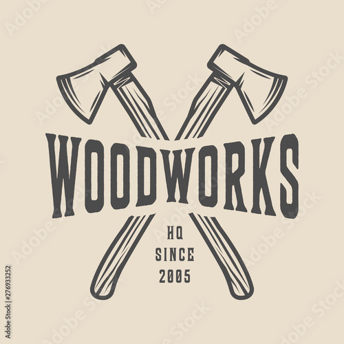 Vintage carpentry, woodwork and mechanic label, badge, emblem and logo. Vector illustration. Monochrome Graphic Art.