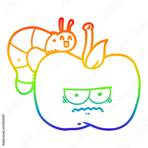 rainbow gradient line drawing cartoon cranky apple and caterpillar