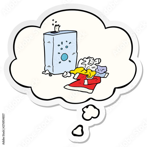 cartoon washing powder and laundry and thought bubble as a printed sticker