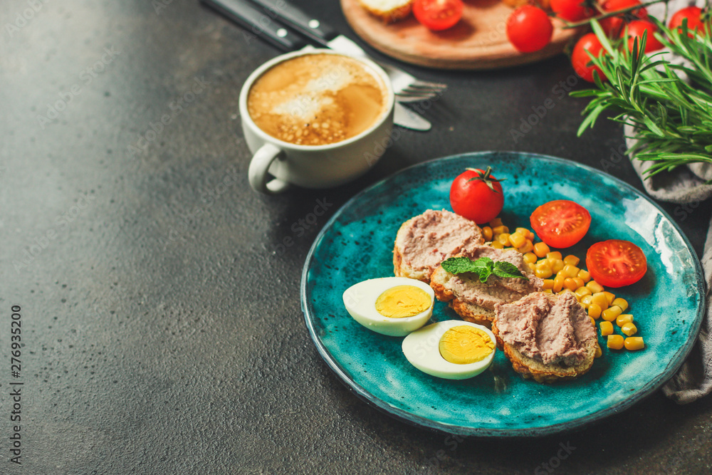 breakfast, tasty food and coffee (sandwich, pate, bun, egg, corn, tomato, etc.) enjoy your meal. top food background. copy space breakfast, tasty food and coffee (sandwich, pate, bun, egg, corn, tomato, etc.) enjoy your meal. top food background. copy space
