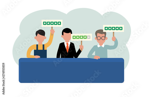 Review rating cartoon infographics elements. People giving customer feedback (four an dfive stars) by showing rating boards sitting at the table. Worker, businessmen.