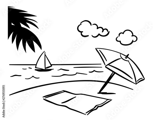Cartoon summer resort landscape - sea beach with palm leaves, umbrella, towel on a sand, clouds in the sky and little boat sailing away. Simple hand-drawn doodle vector illustration of vacation scene.