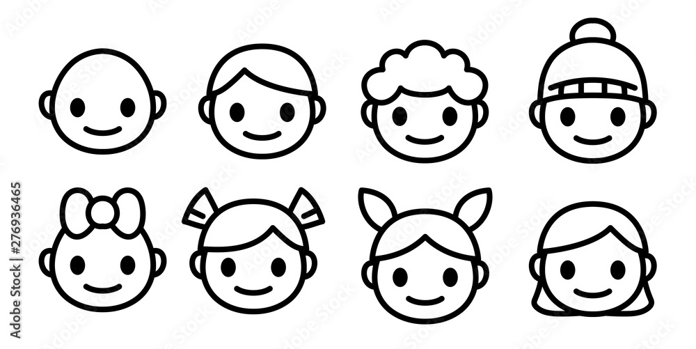 Line icons of childen of different ages and gender. Kids faces of happy boys and girls emoji set. Simple and cute isolated vector. Line icons of childen of different ages and gender. Kids faces of happy boys and girls emoji set. Simple and cute isolated vector.