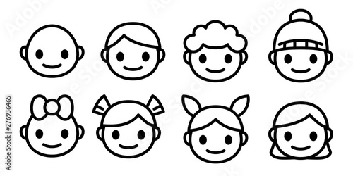 Line icons of childen of different ages and gender. Kids faces of happy boys and girls emoji set. Simple and cute isolated vector.