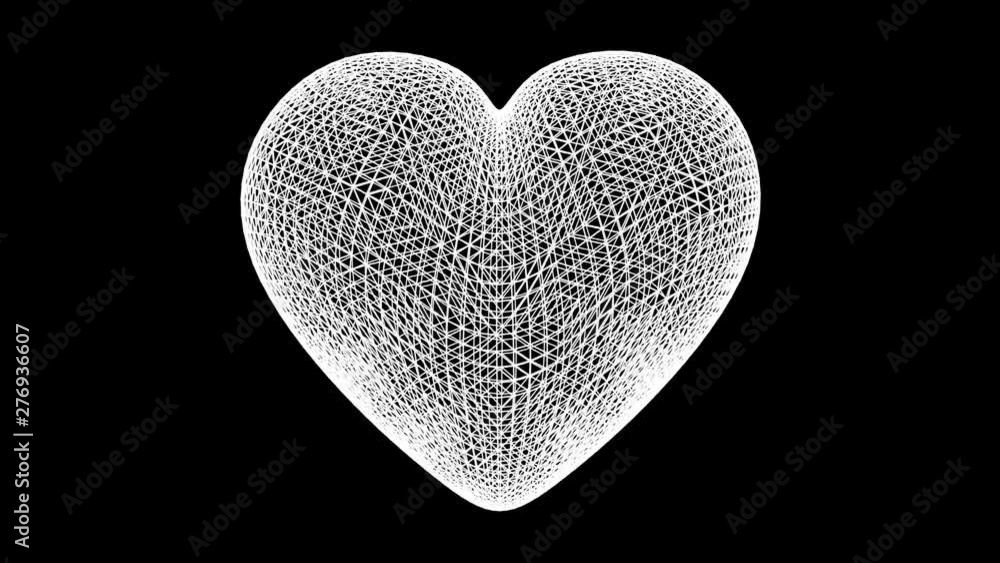 Geometric white heart shape 3d model rotating on black background. Happy Valentine Geometric pattern Design. Love concept. Structure with mesh. 4K abstract minimal animation. Geometric white heart shape 3d model rotating on black background. Happy Valentine Geometric pattern Design. Love concept. Structure with mesh. 4K abstract minimal animation.