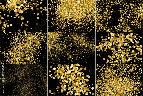 Set of Round Gold Glitter Texture Isolated on Black. Amber Particles Color. Celebratory Background. Golden Explosion of Confetti. Vector Illustration, EPS 10.