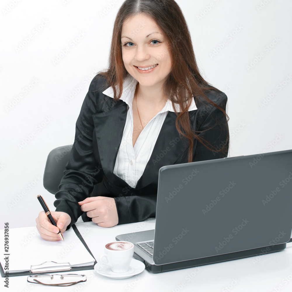 female assistant sitting at a Desk.isolated on white female assistant sitting at a Desk.isolated on white