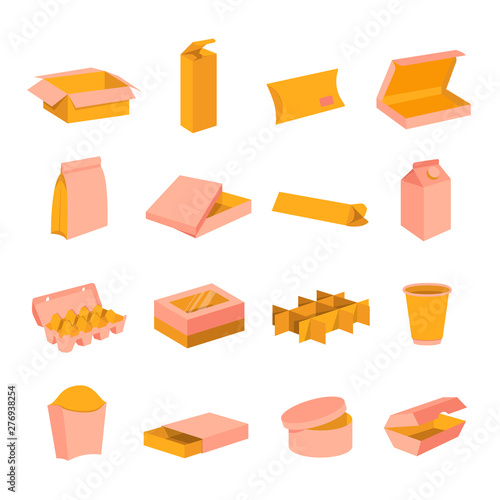 Cardboard delivery shipping packaging boxes cartoon icons set. Opened, closed, for food, transportation, gift carton supplies flat vector illustration