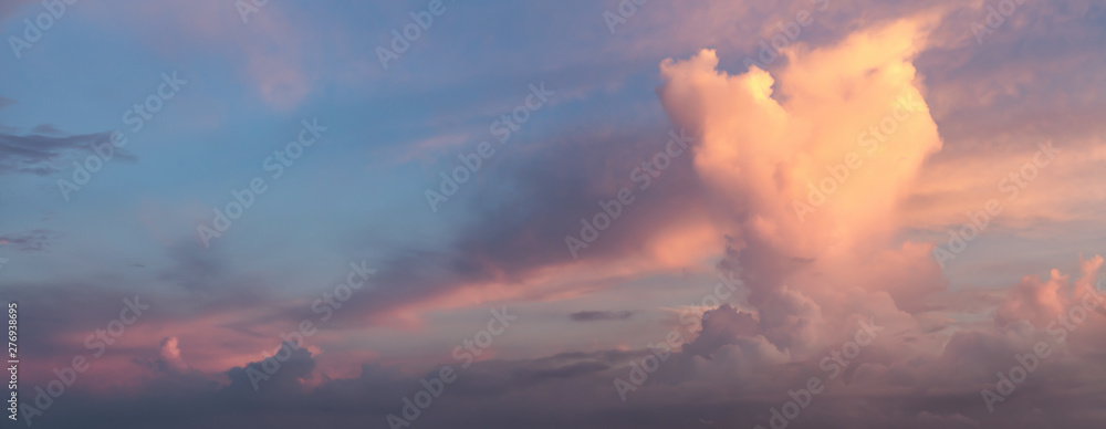 Panoramic View of a Dramatic Cloudscape during colorful sunrise. - obrazy, fototapety, plakaty 