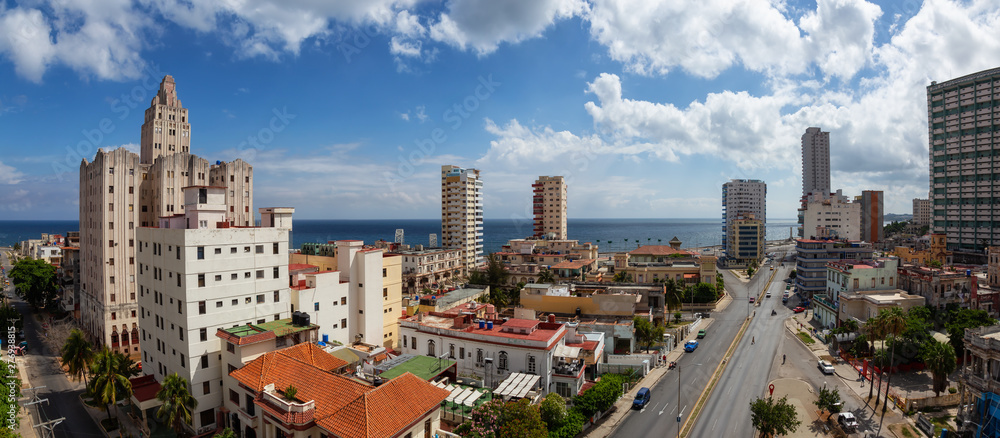 Aerial Panoramic view of the residential neighborhood in the Havana City, Capital of Cuba, during a bright and sunny day.