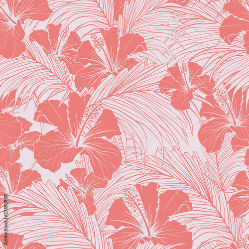 Chinese rose vector seamless pattern. Blooming hibiscus and exotic palm tree foliage pastel pink background. Tropical flower blossom vintage hand drawn illustration. Wallpaper, textile design