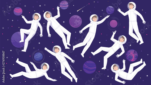 Set of astronauts in weightlessness of outer space. Vector flat illustration.