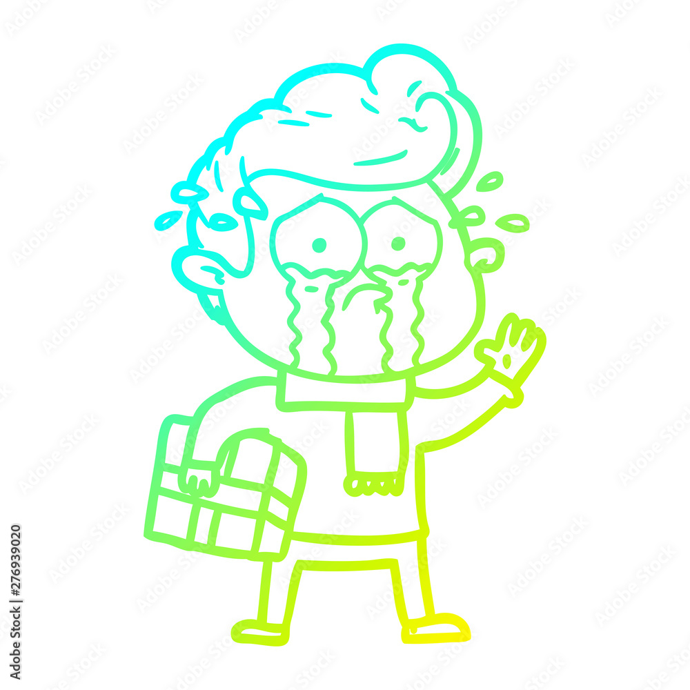 cold gradient line drawing cartoon crying man with present