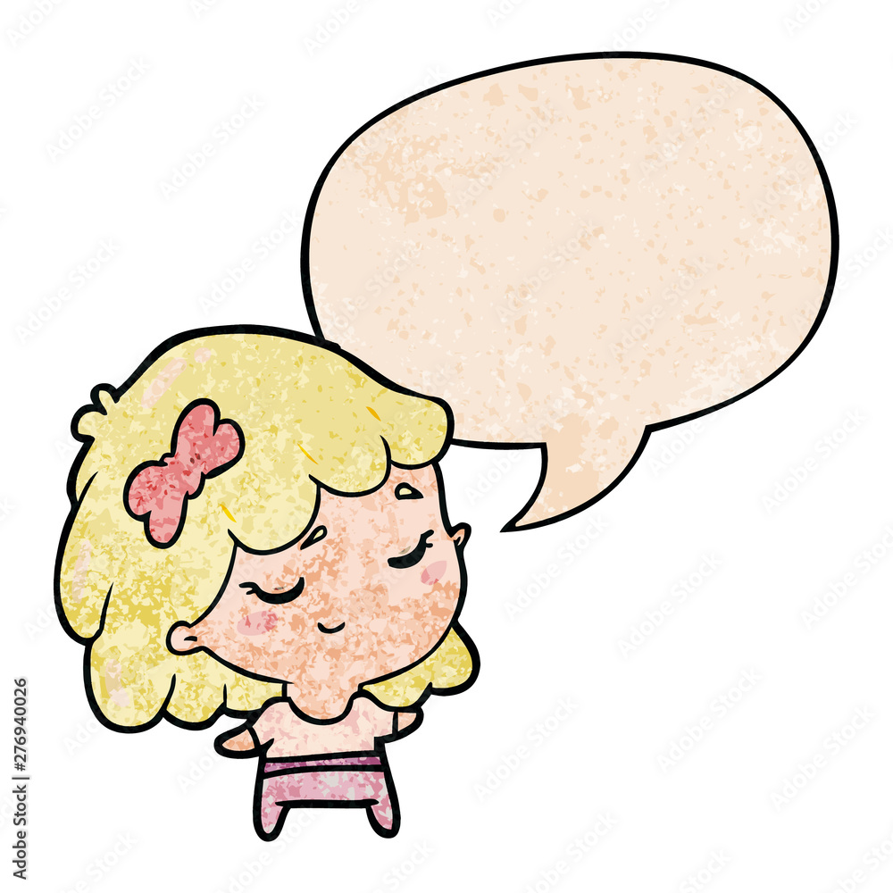 cute cartoon happy girl and speech bubble in retro texture style cute cartoon happy girl and speech bubble in retro texture style
