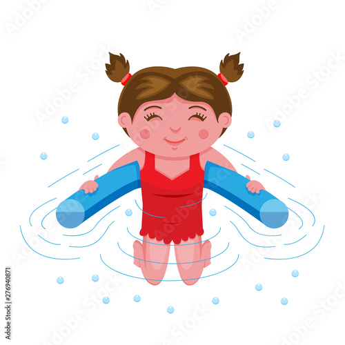 Cheerful smiling teenage girl plays water games on floating pool swim noodle aid tube accessory, body half submerged in water. Colored cartoon flat style vector illustration isolated white background