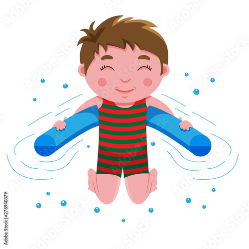 Cheerful smiling teenage boy plays water games on floating pool swim noodle aid tube accessory, body half submerged in water. Colored cartoon flat style vector illustration isolated white background