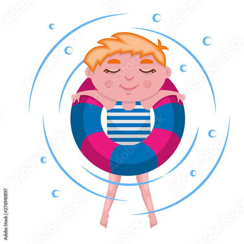 Smiling teenage boy relax on floating inner swimming tube, closed eyes, body half submerged in water. Colored cartoon vector flat style illustration isolated on white background for kids