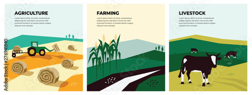 Set of vectors with agriculture, farming and livestock. Illustrations of a tractor, hayfield, haystack rolls, farm animals, cows in pasture, cornfield. Template for banner,poster,flyer, prints, books.