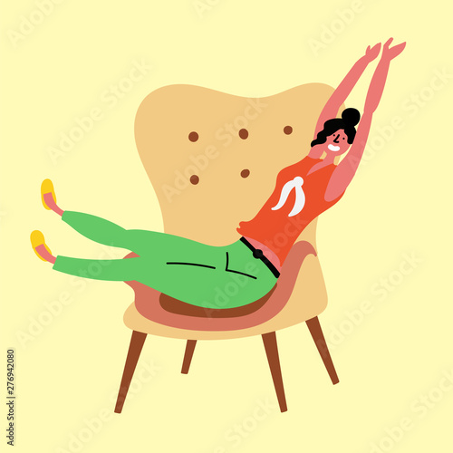 The girl is resting on the chair and stretching the body. Satisfied people in comfort. Nordic concepts. Vector EPS 10 file editable