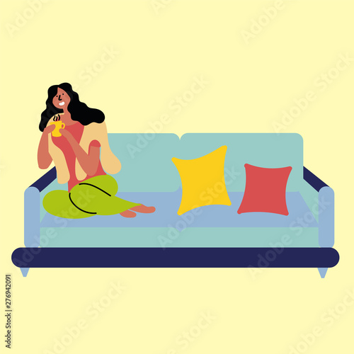 The girl sits on the couch and enjoys a fragrant drink. Satisfied people in comfort. Nordic concepts. Vector EPS 10 file editable