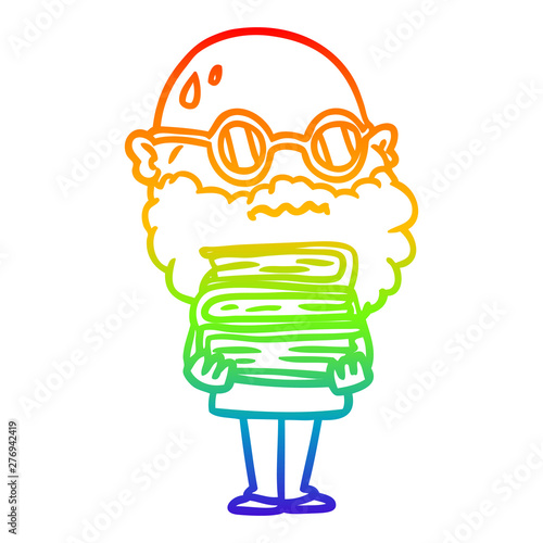 rainbow gradient line drawing cartoon worried man with beard and stack of books