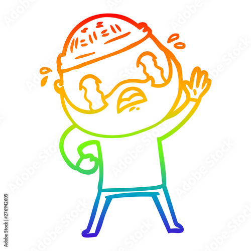 rainbow gradient line drawing cartoon bearded man waving and crying