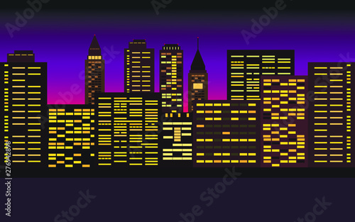 vector illustration of night city with skyscrapers