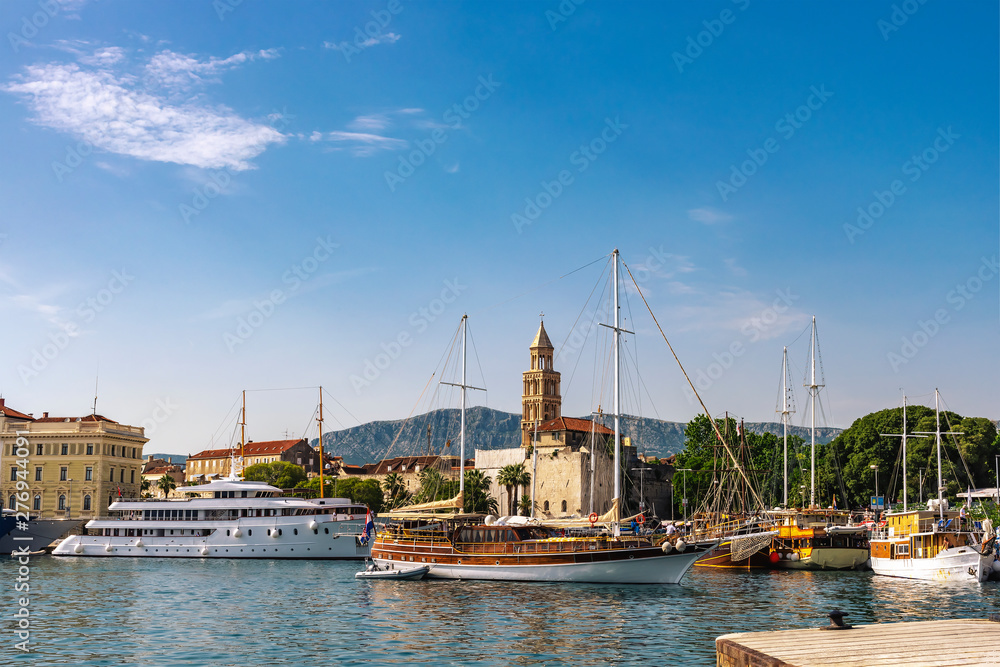 View of the Riva Harbor in Split with Cathedral's medieval tower, Split