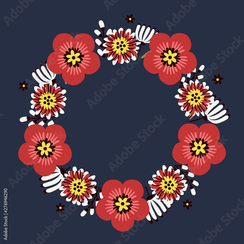 Floral greeting card and invitation template for wedding or birthday anniversary  Vector circle shape of text box label and frame  Red flowers wreath ivy style with branch and leaves.