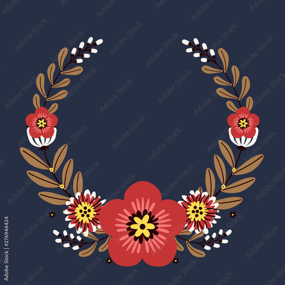 Floral greeting card and invitation template for wedding or birthday anniversary, Vector circle shape of text box label and frame, Red flowers wreath ivy style with branch and leaves.