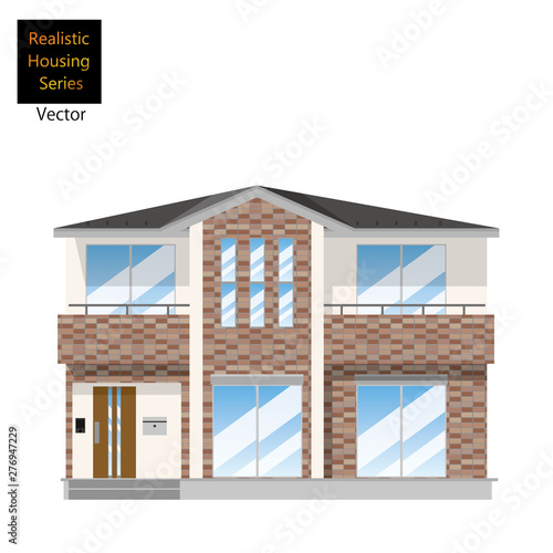 一戸建て、タイル貼りの一軒家のイラスト（二階建て）_マイホーム、木造住宅_ベクターデータ