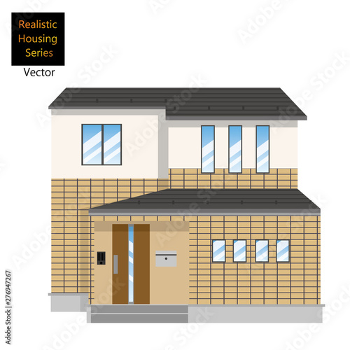 一戸建て、タイル貼りの一軒家のイラスト（二階建て）_マイホーム、木造住宅_ベクターデータ