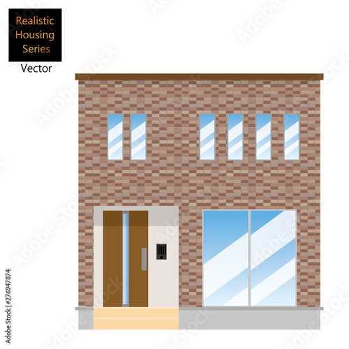 一戸建て、タイル貼りの一軒家のイラスト（二階建て）_マイホーム、木造住宅_ベクターデータ