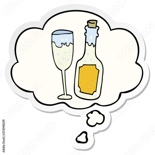 cartoon champagne bottle and glass and thought bubble as a printed sticker