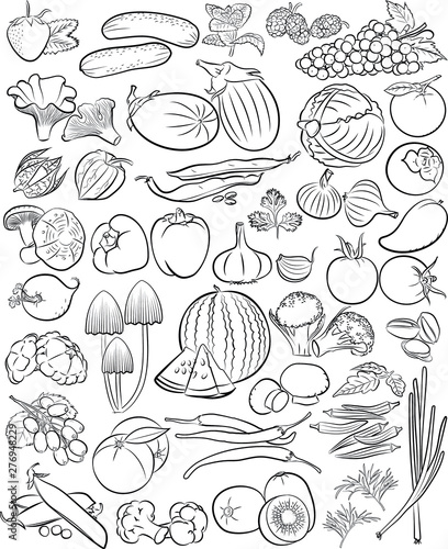 seamless pattern with vegetables and fruits in line art mode