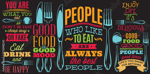 Color inscriptions in retro style on theme of eating with cutlery