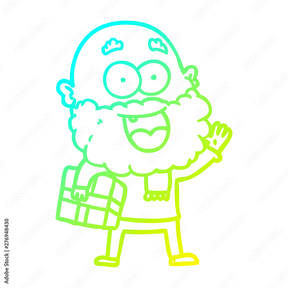 cold gradient line drawing cartoon crazy happy man with beard and gift under arm