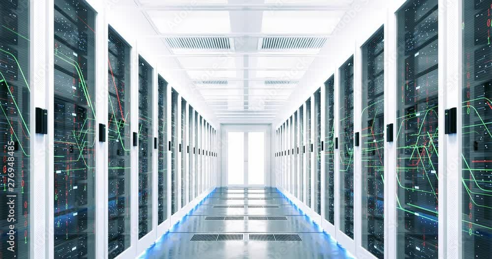 3D Render of Fly Through Rack Servers in Data Center. Digitalization of Global Big Information