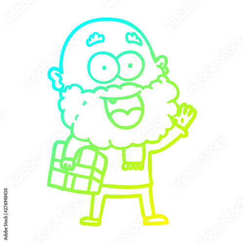 Fototapeta Naklejka Na Ścianę i Meble -  cold gradient line drawing cartoon crazy happy man with beard and gift under arm