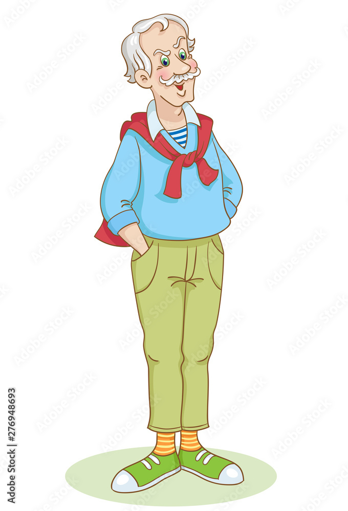 Elegant fashionable grandpa stands with his hand in his pocket. In cartoon style. Isolated on white background. Elegant fashionable grandpa stands with his hand in his pocket. In cartoon style. Isolated on white background.