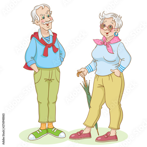Elegant fashionable grandmother and grandfather. In cartoon style. Isolated on white background.