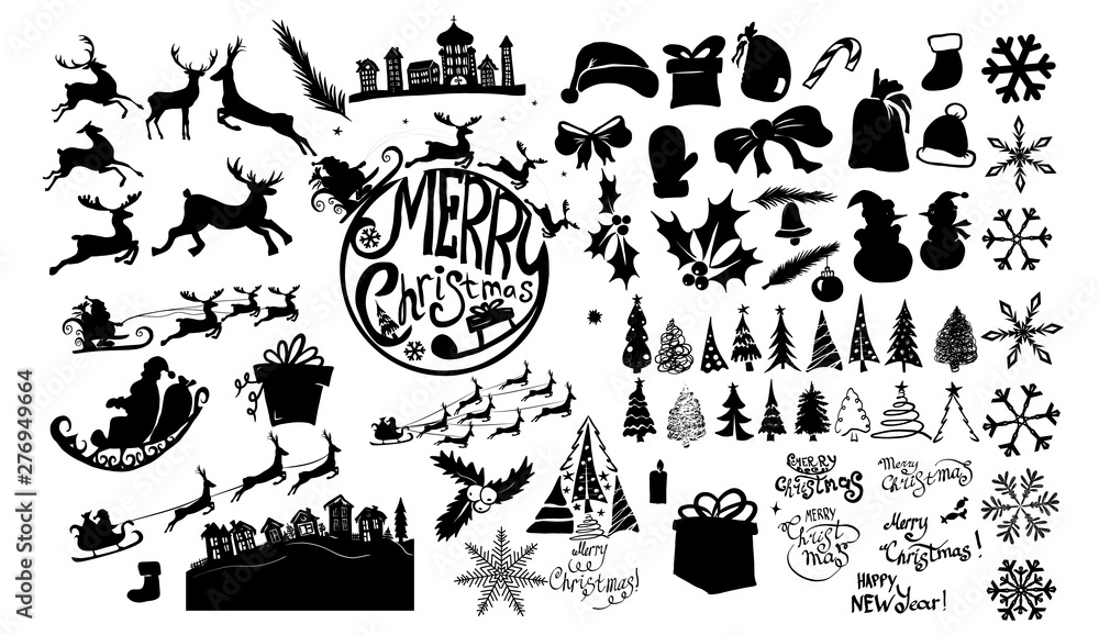 A set of Christmas silhouettes. Santa Claus with deer in a sleigh. Christmas trees. Vector illustration A set of Christmas silhouettes. Santa Claus with deer in a sleigh. Christmas trees. Vector illustration