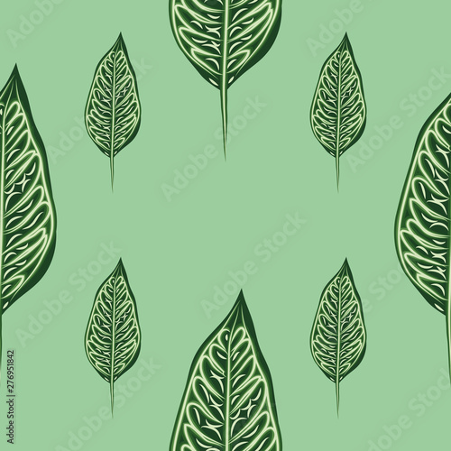 Seamless pattern with leaves of ficus benjamin on green background