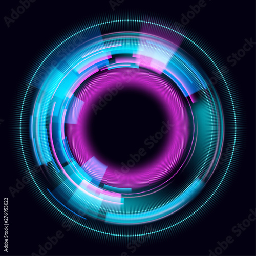 Magic circle light effects. Illustration isolated on dark background. Mystical portal. Bright sphere lens. Rotating lines. Glow ring. Magic neon ball. Vector.